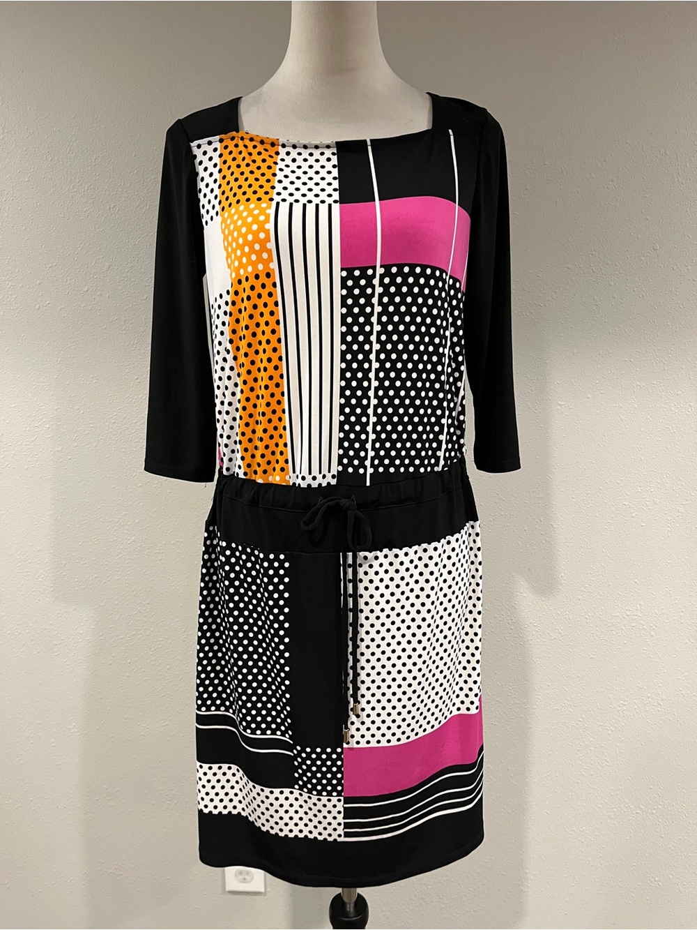 Black Mixed-Print Drawstring Waist Dress with Pink & Orange Accents